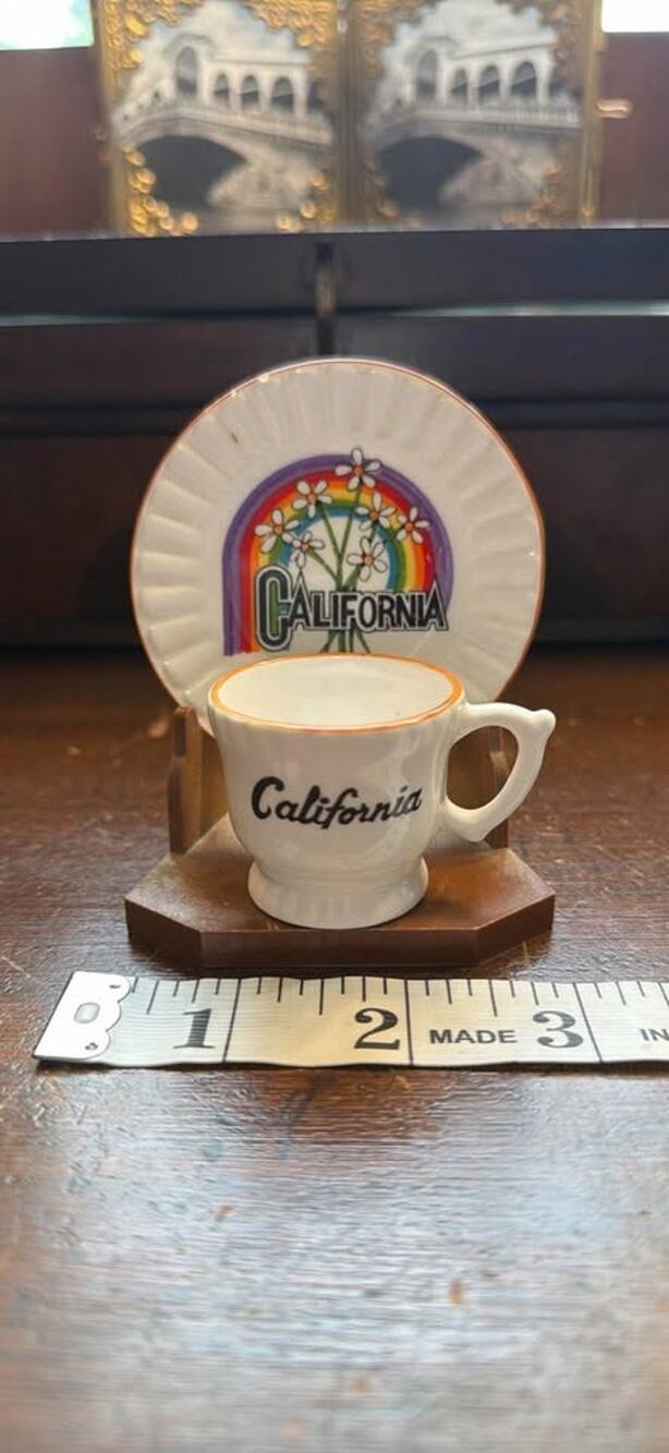 Vintage 1970s California Rainbow Souvenir Miniature Teacup & Saucer with Stand